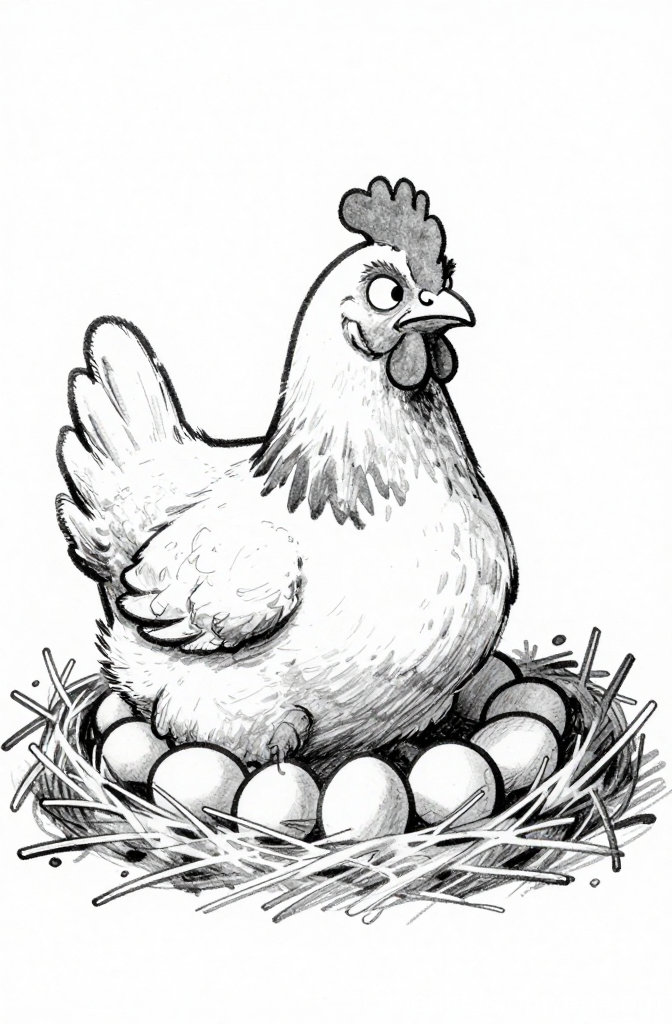 Black and White Illustration of Hen Sitting on Eggs