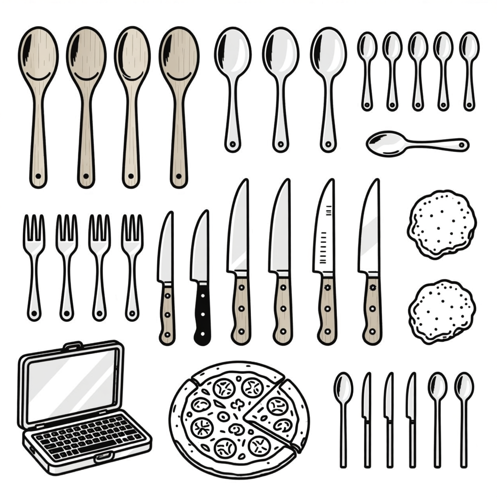 Black and White Kitchen Utensils and Food Illustration