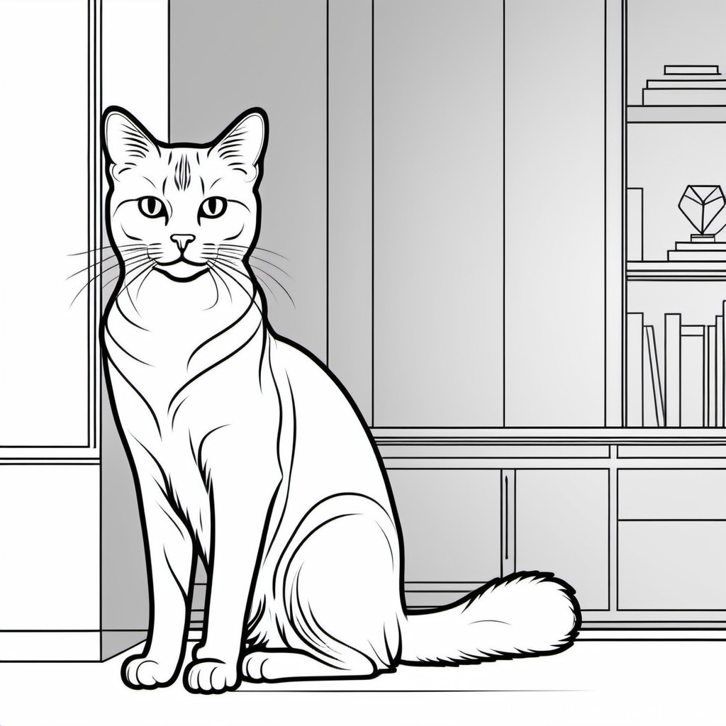Black and White Line Art of a Sitting Cat Indoors