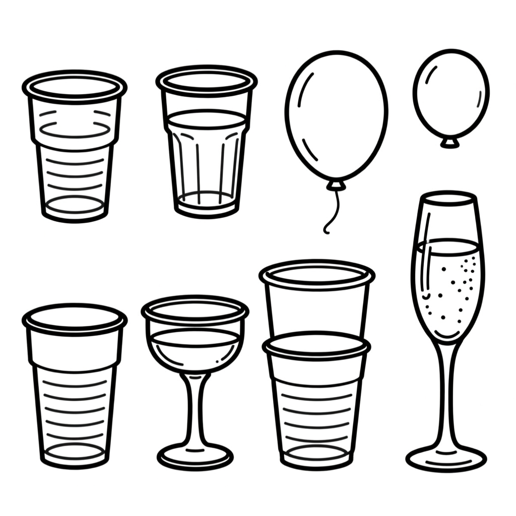 Black and White Line Art of Party Glasses and Balloons