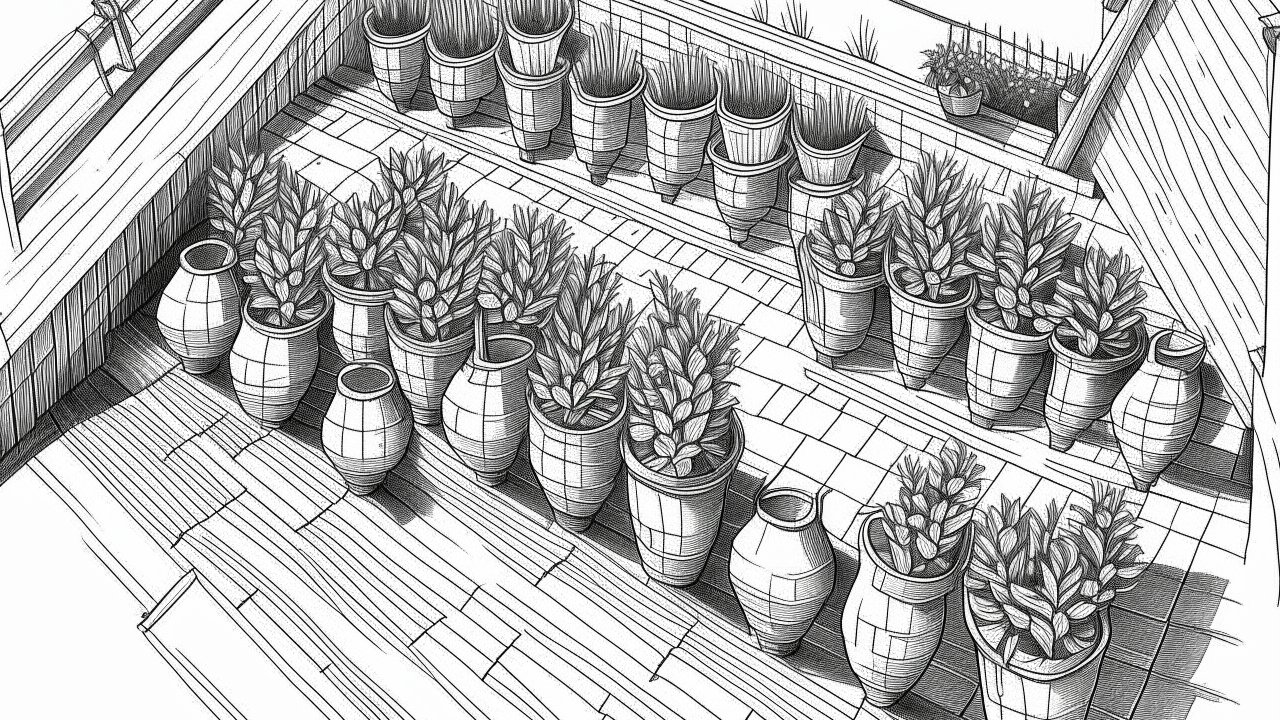 Black and White Line Art of Potted Plants on a Porch
