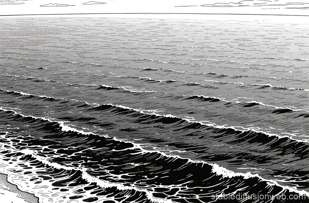 Black and White Manga Style Ocean Waves