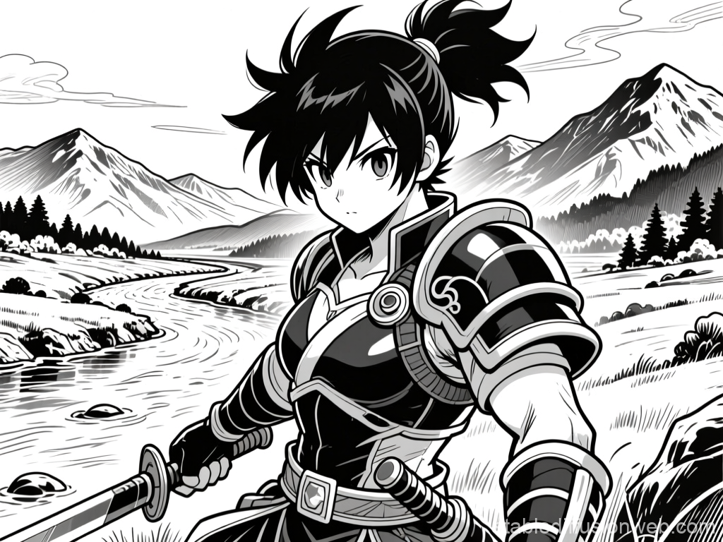 Black and White Manga Warrior by the River