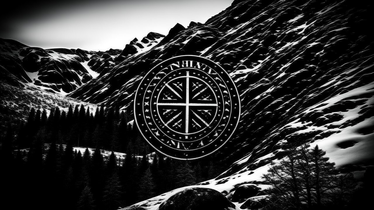 Black and White Mountain Landscape with Norse Symbol
