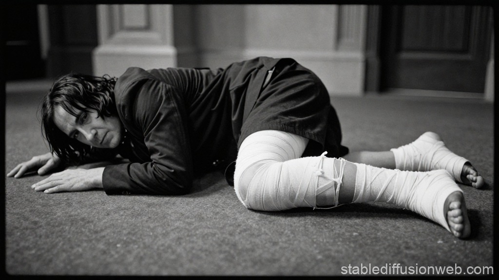 Black and White Portrait of a Man Lying with Bandaged Legs