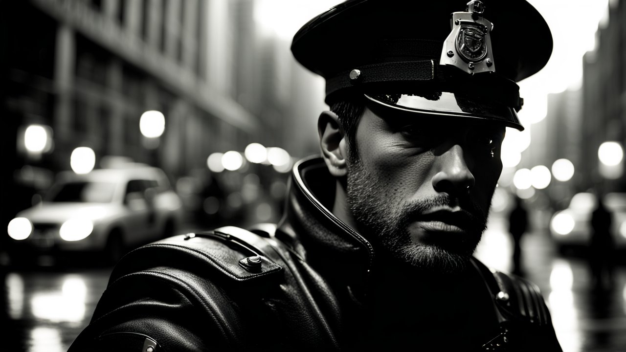 Black and White Portrait of a Police Officer in Urban Night