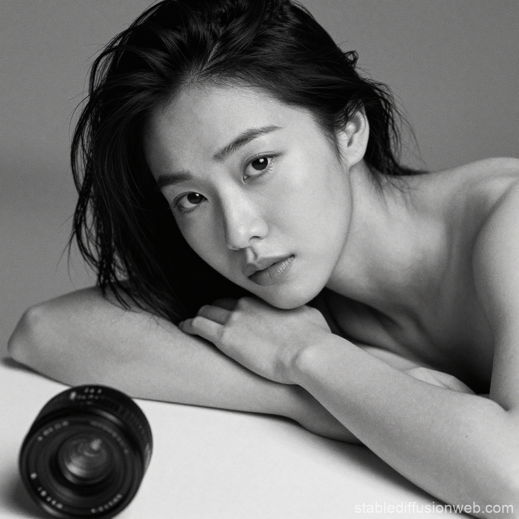 Black and White Portrait of a Woman with Camera Lens
