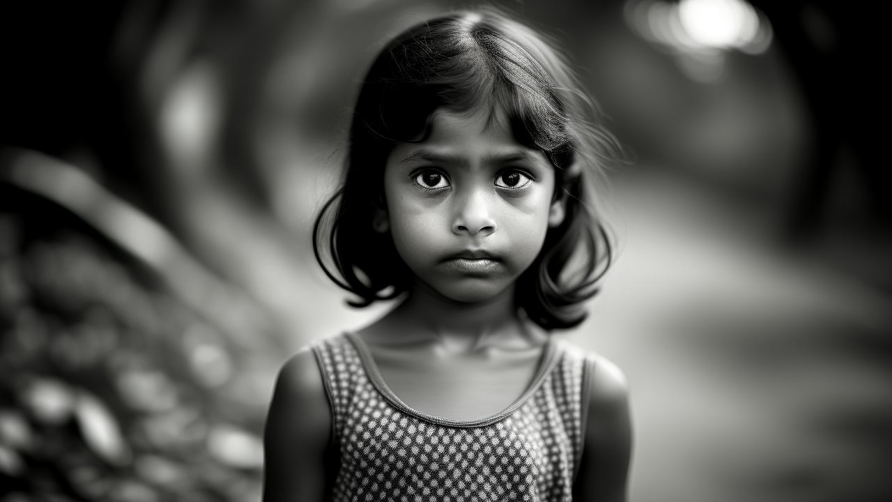Black and White Portrait of a Young Girl with Intense Gaze