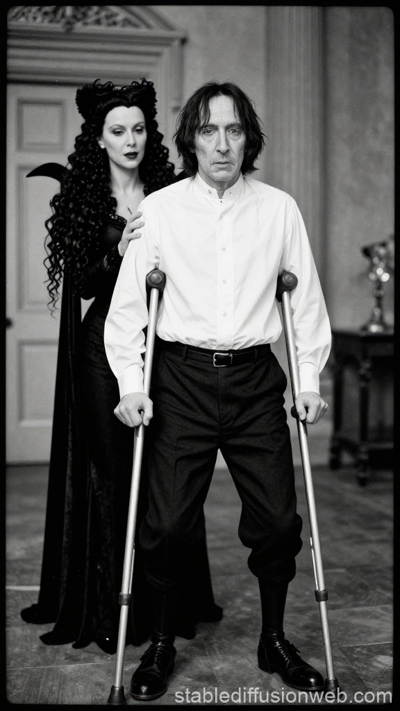 Black and White Portrait of Man on Crutches with Woman Behind
