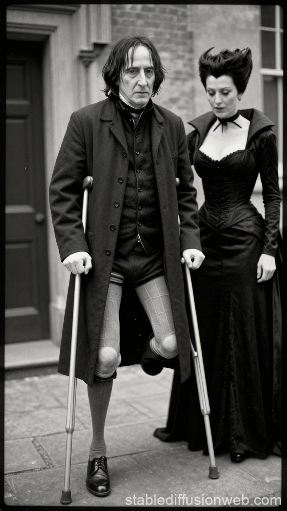 Black and White Portrait of Man on Crutches with Woman in Gothic Attire