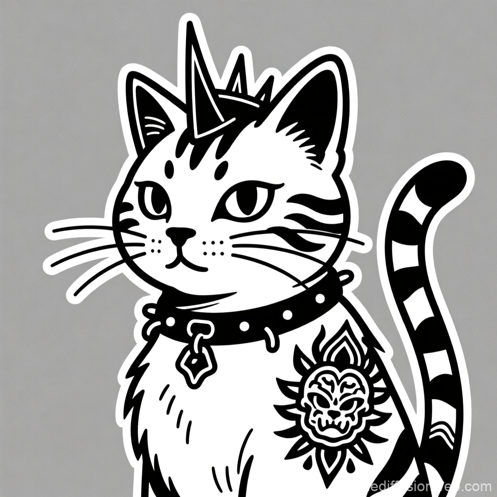 Black and White Punk Cat with Tattoo and Spiked Collar