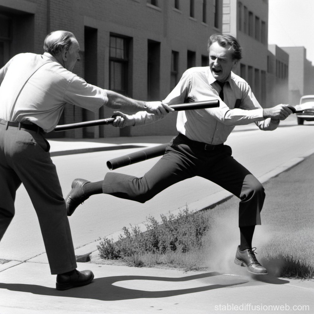 Black and White Street Fight Between Two Men with Batons