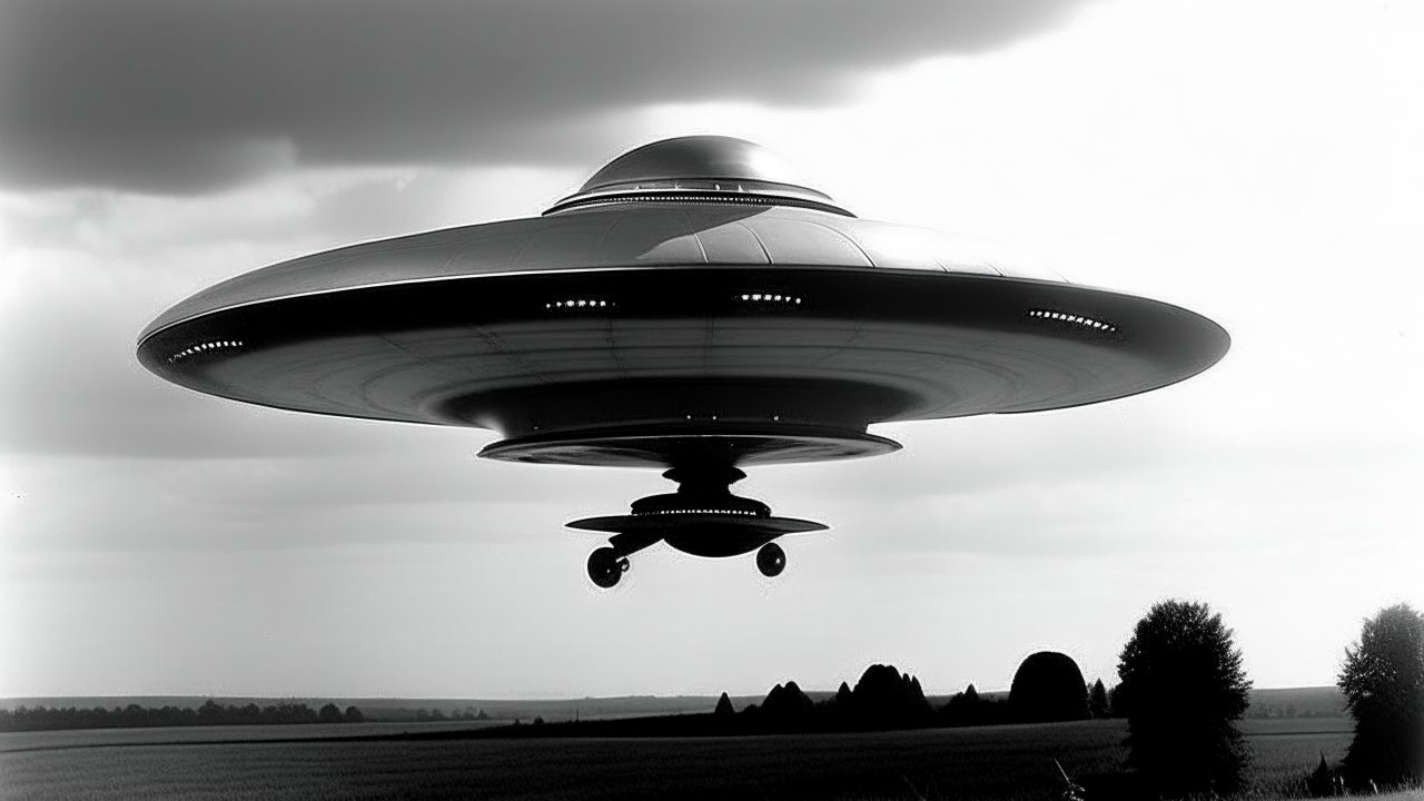 Black and White UFO Flying Over Countryside