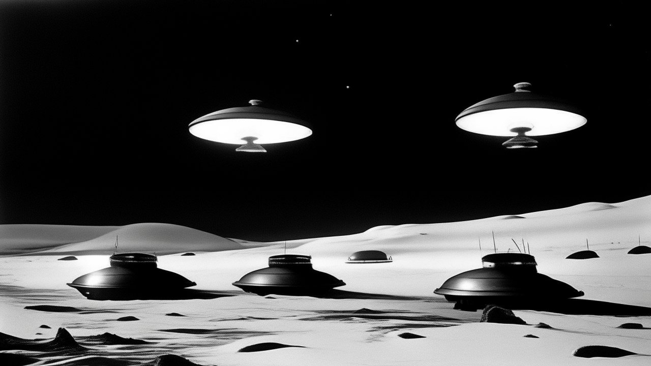 Black and White UFOs Hovering Over a Desert Landscape