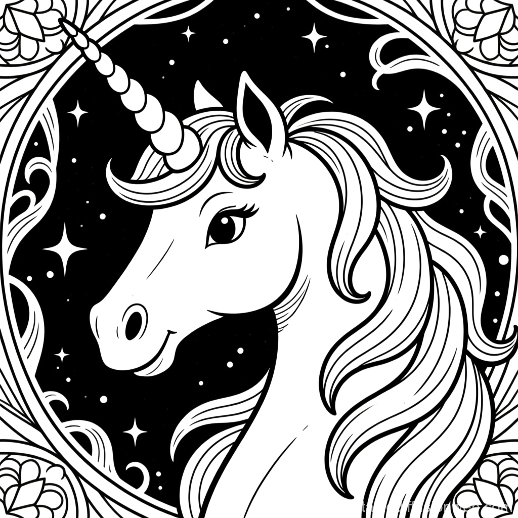 Black and White Unicorn Illustration with Starry Background