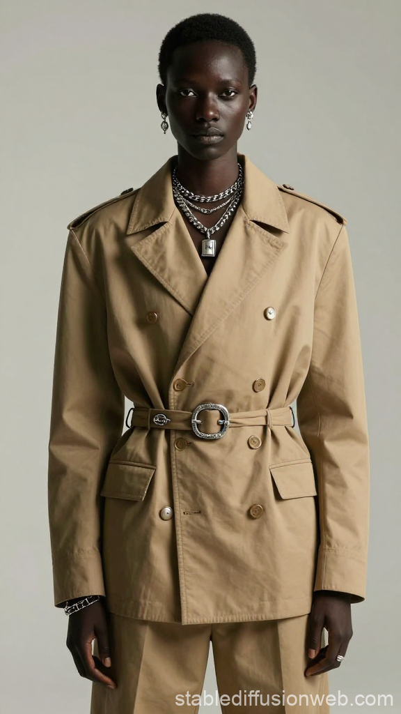 Black Avant-Garde Model in Beige Trench Coat