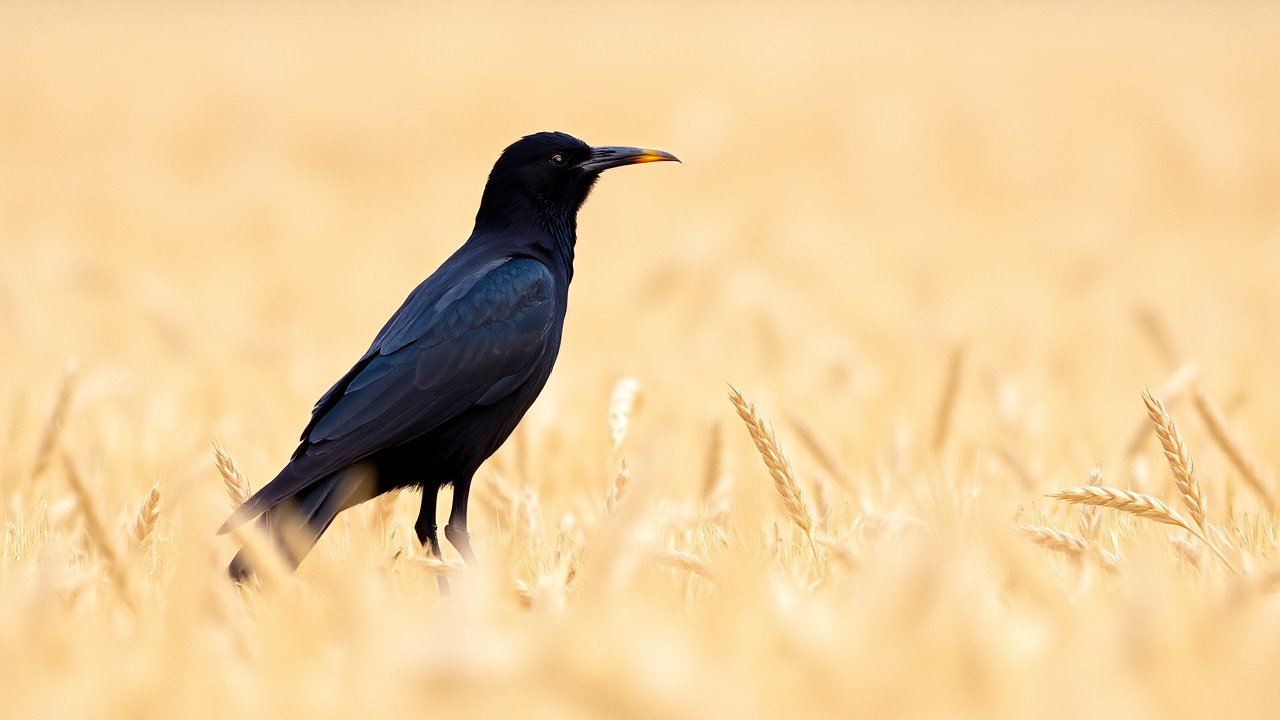 Black Bird Standing in Golden Wheat Field