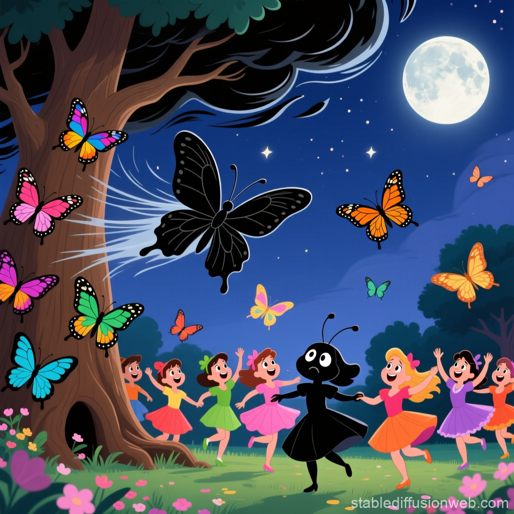 Black Butterfly Leading Colorful Butterflies and Dancing Children at Night