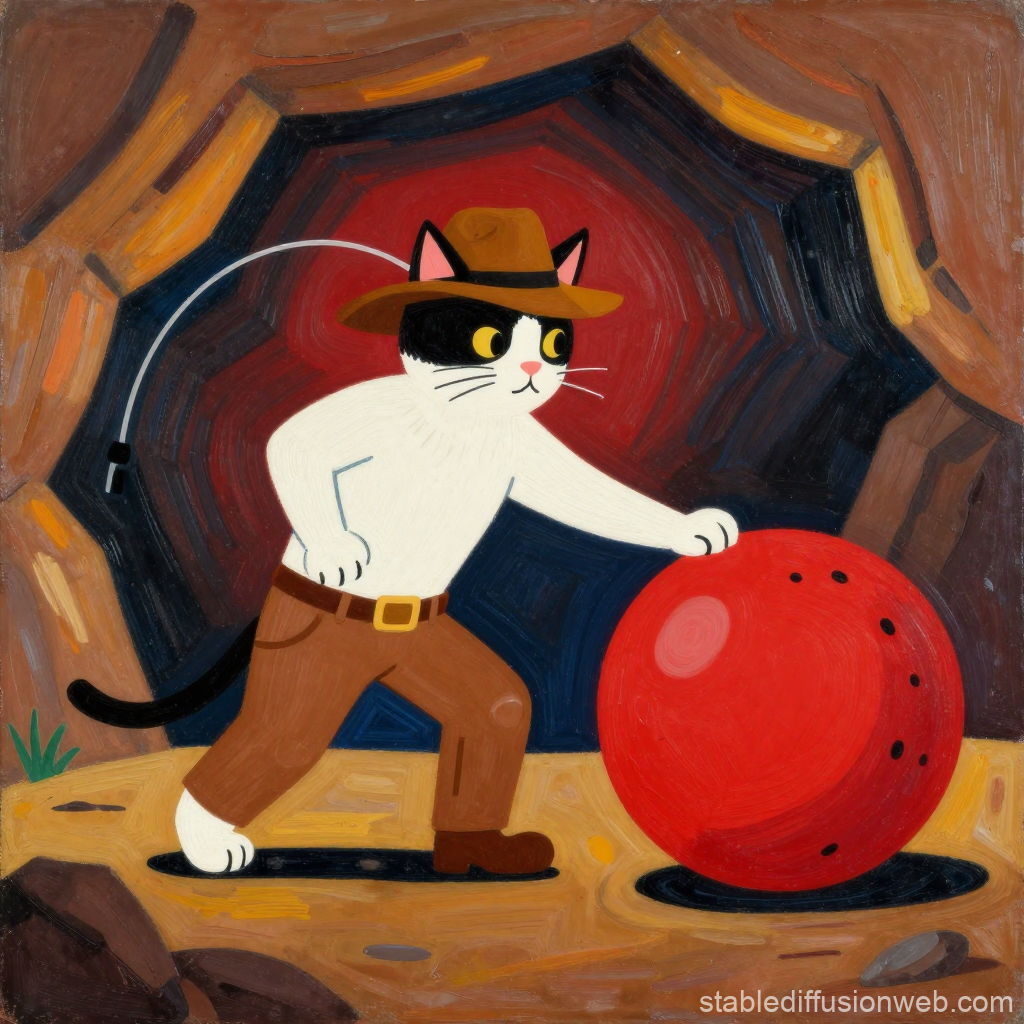 Black Cat Adventurer with Bowling Ball in Cave