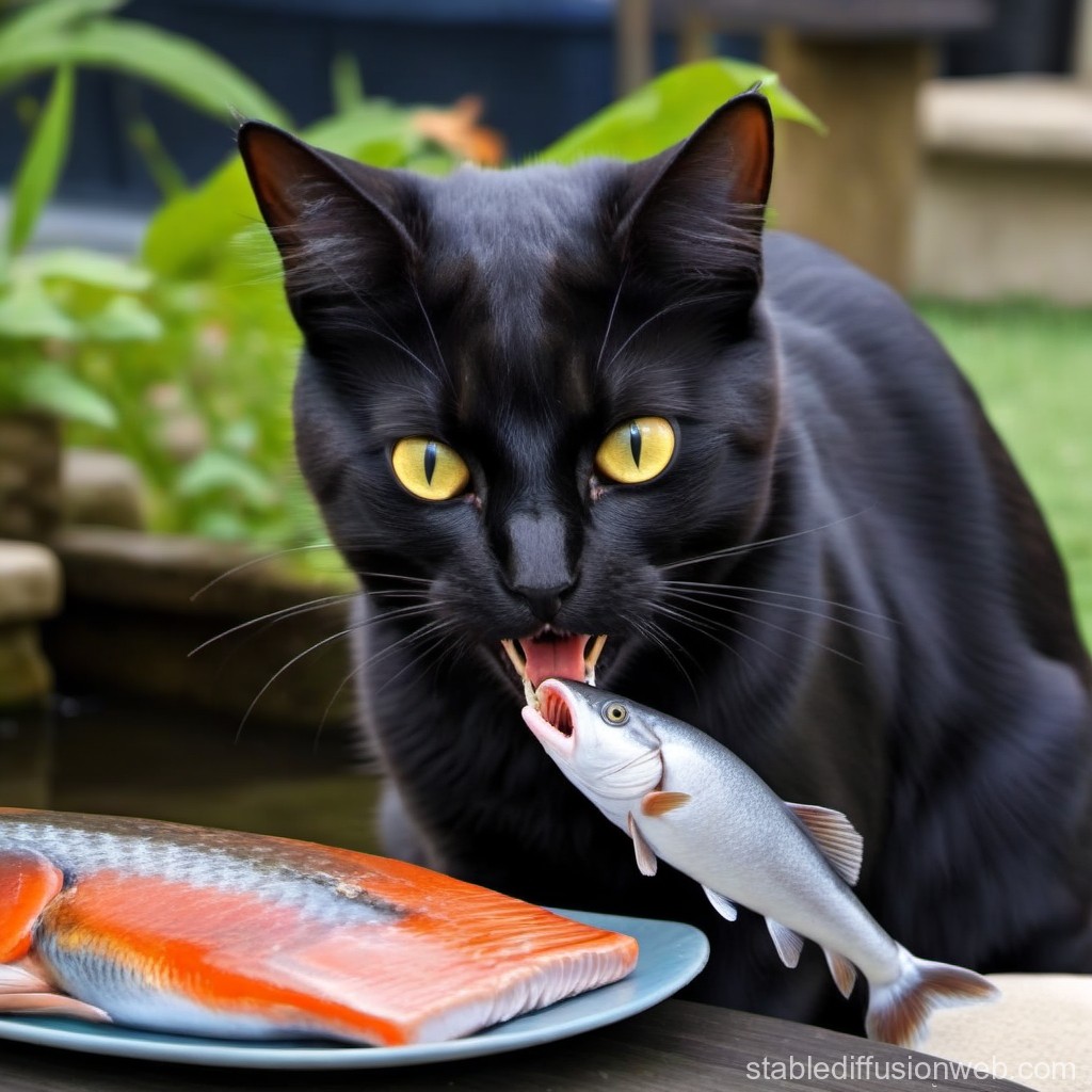 Black Cat Catching a Fish Near Salmon Fillet