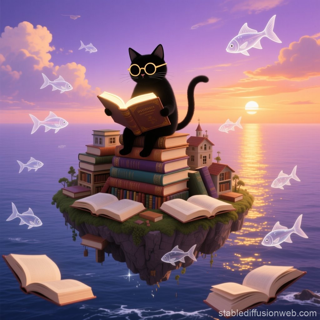 Black Cat Reading on Floating Island of Books at Sunset