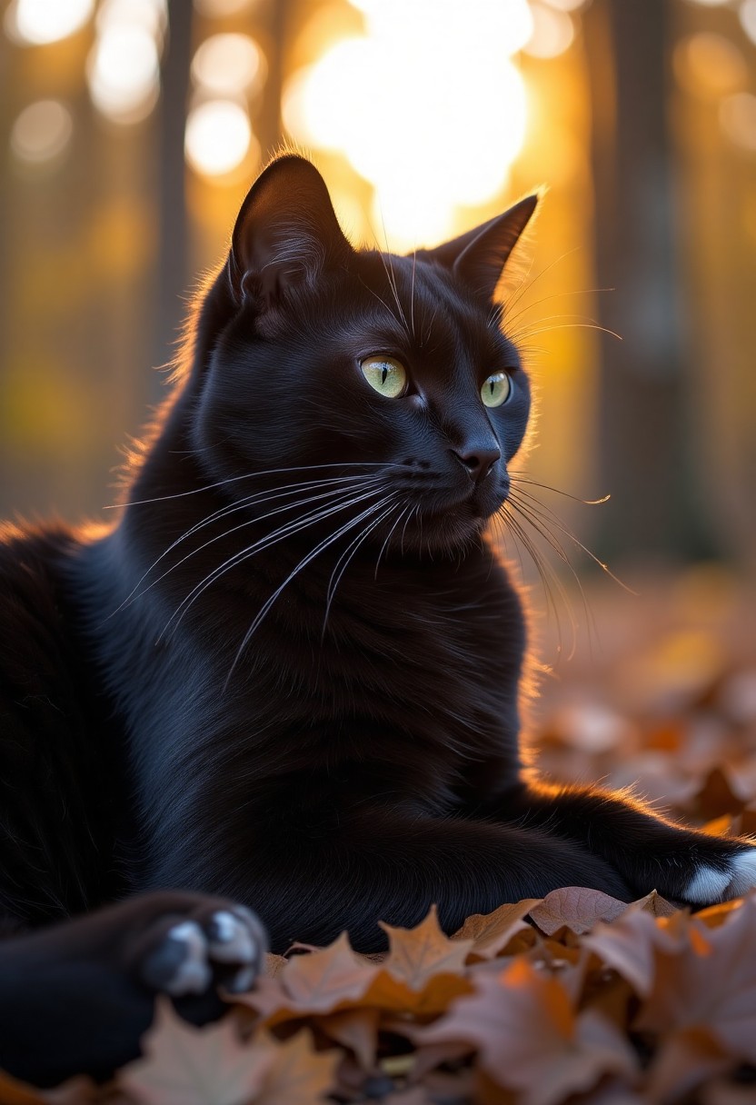 Black Cat Resting on Autumn Leaves at Sunset