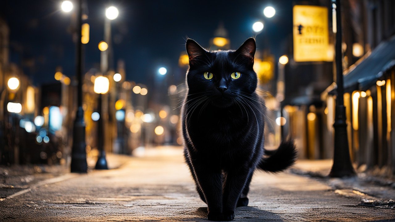 Black Cat Walking on a City Street at Night