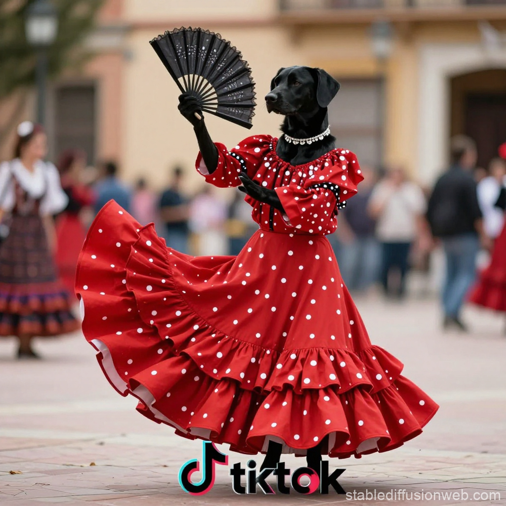 Black Dog in Traditional Sevillana Dress Dancing with Fan