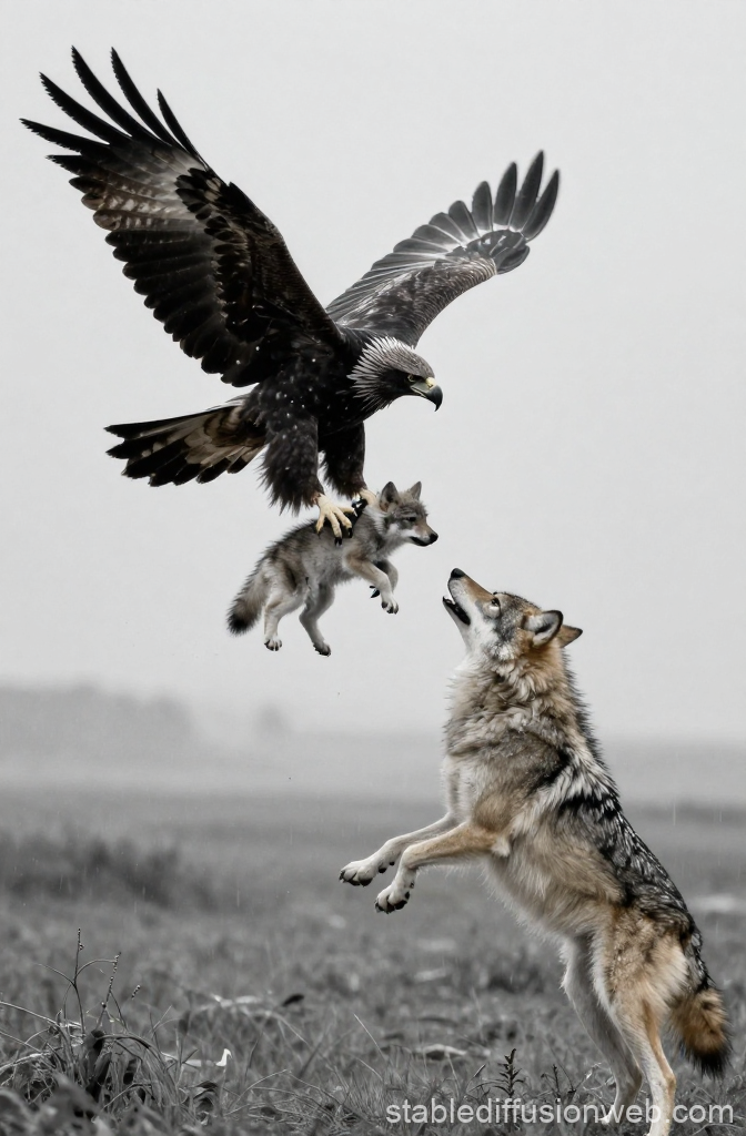 Black Eagle Carrying Wolf Pup Over Adult Wolf