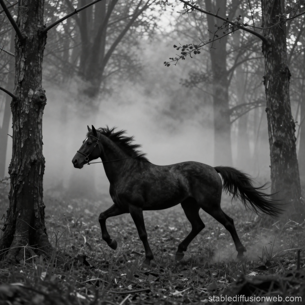 Black Horse Running Through Misty Forest
