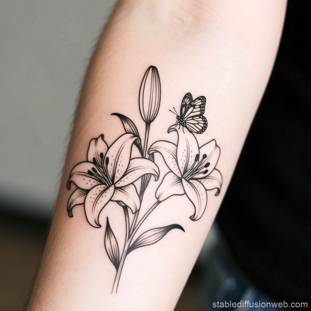 Black Ink Lily Flowers with Butterfly Tattoo