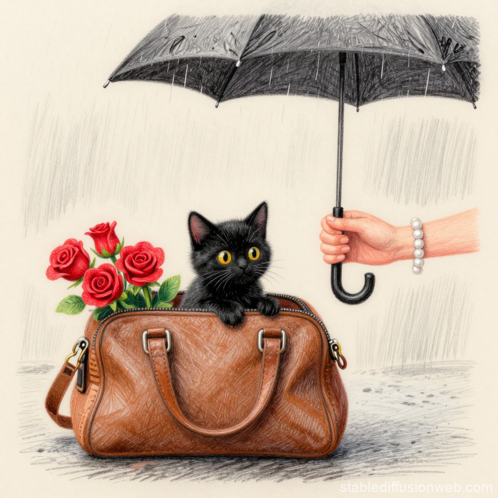 Black Kitten Sheltered by Umbrella in Rainy Scene