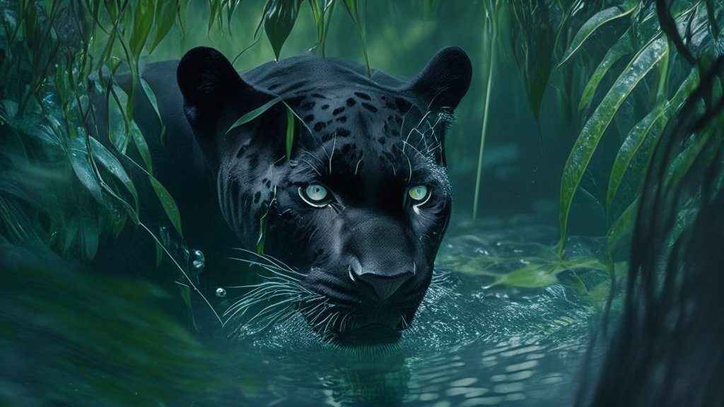 Black Panther Emerging from Jungle Water