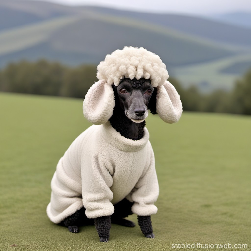 Black Poodle Wearing Sheep Costume Outdoors