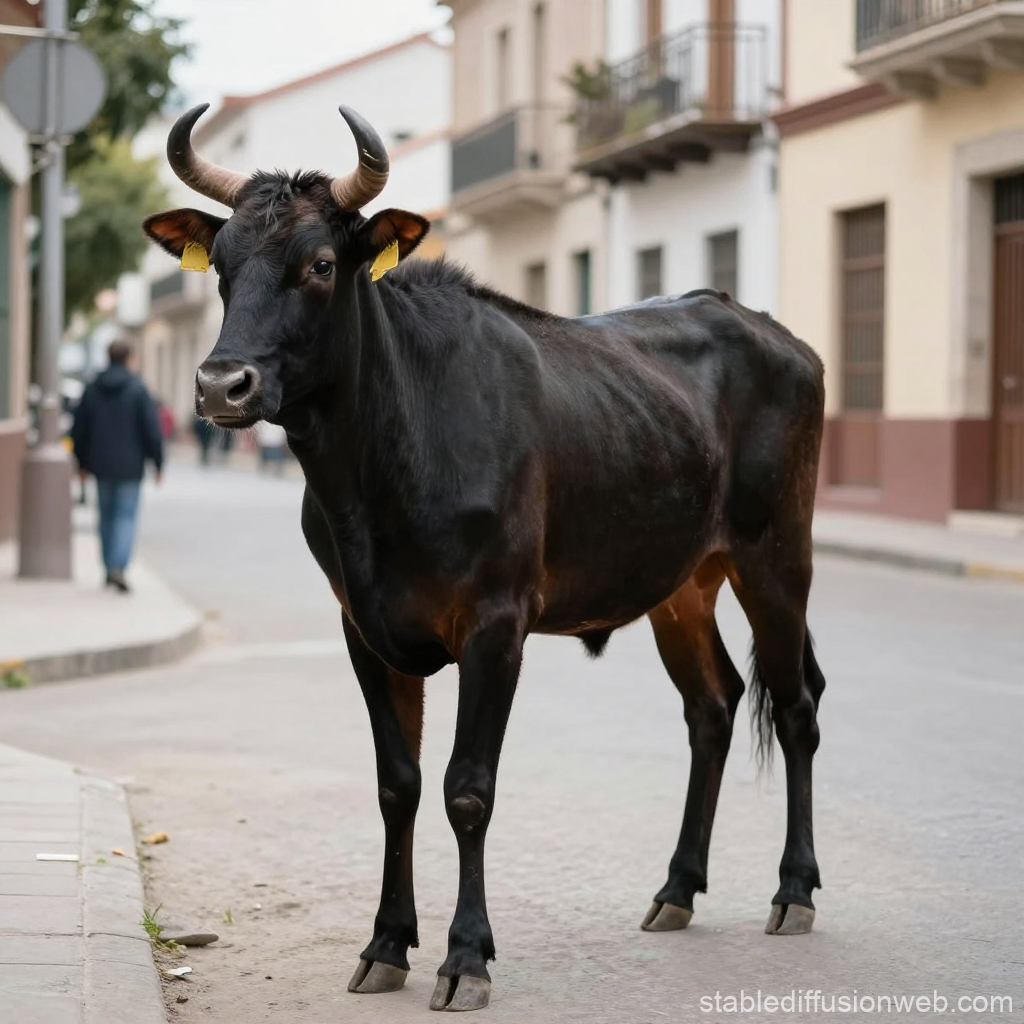 Black Ram Standing on Urban Street