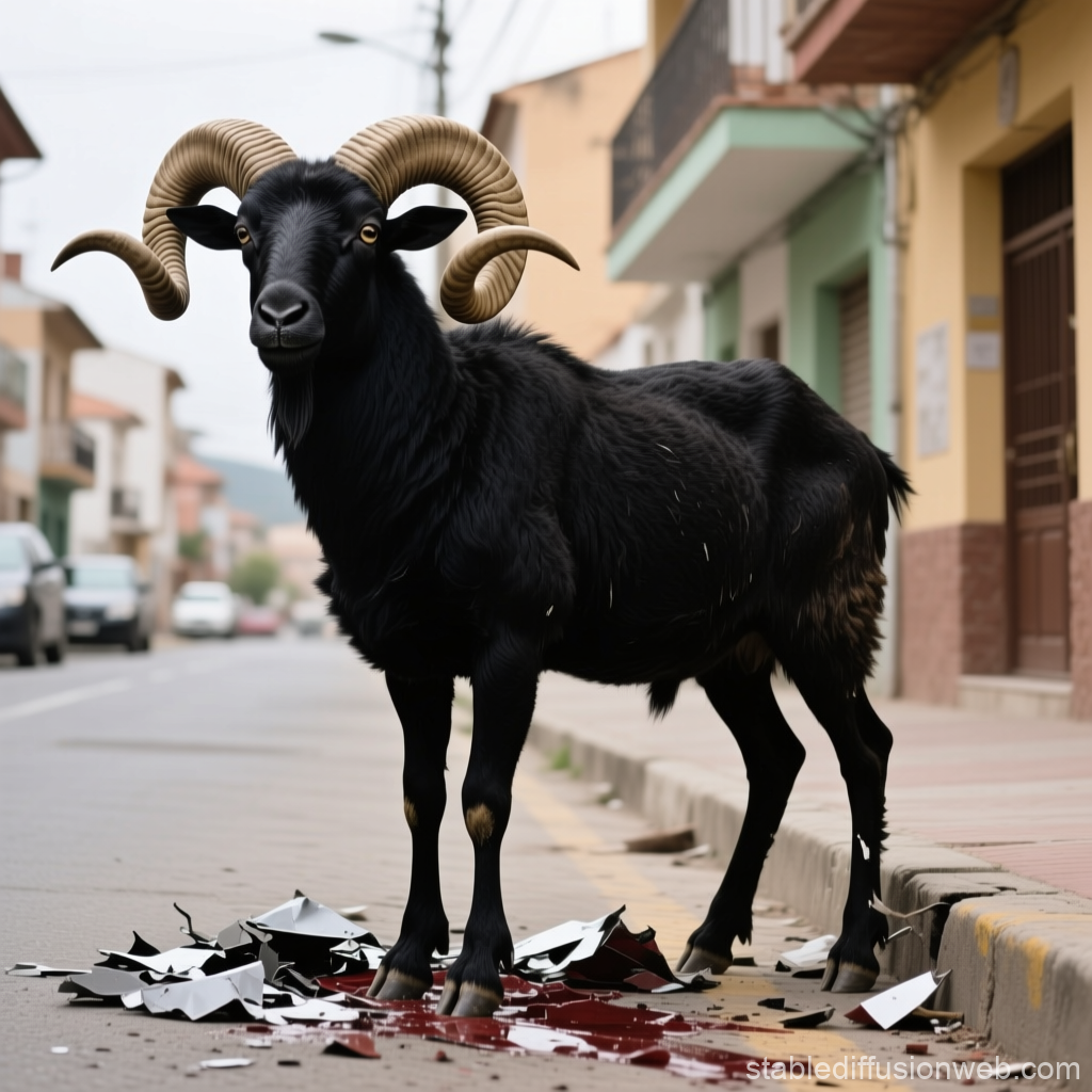 Black Ram Standing on Urban Street Amid Broken Glass