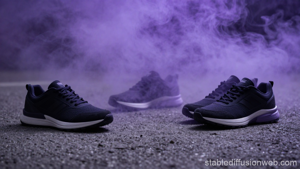 Black Sneakers with Purple Smoke Effect on Asphalt