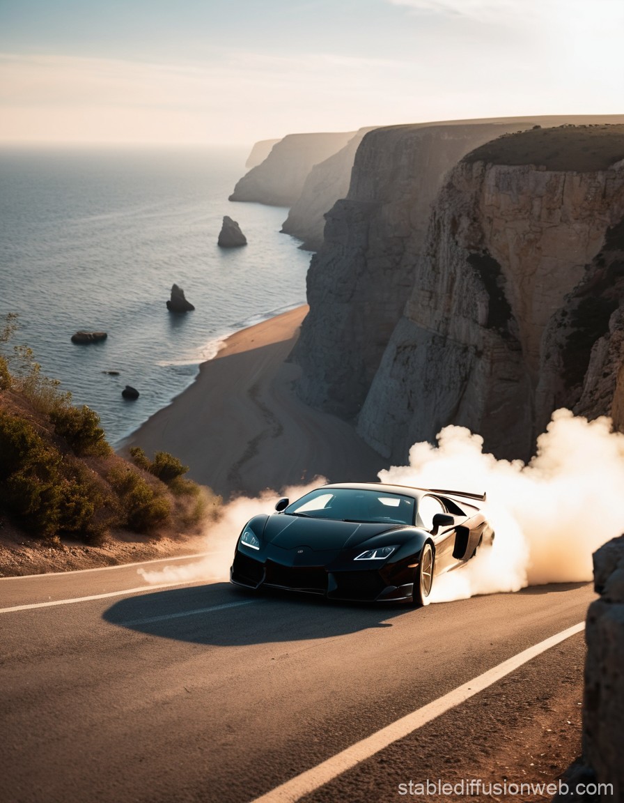 Black Sports Car Drifting on Coastal Cliff Road
