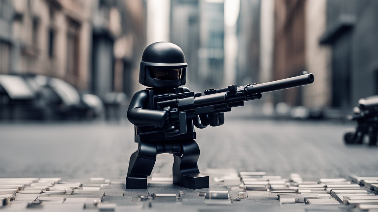 Black Tactical Lego Soldier with Sniper Rifle in Urban Setting