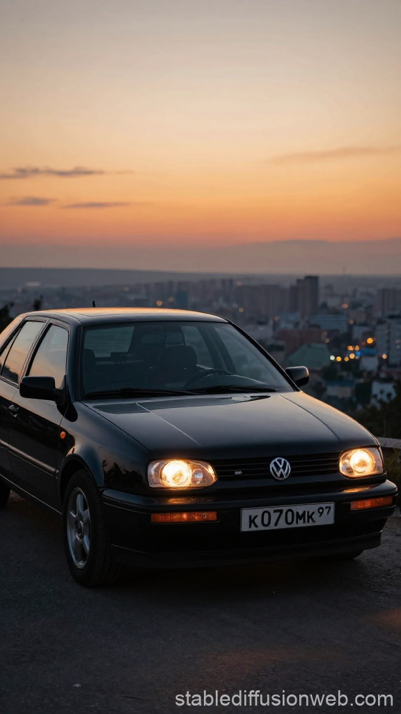 Black Volkswagen Passat at Sunset with Cityscape Background
