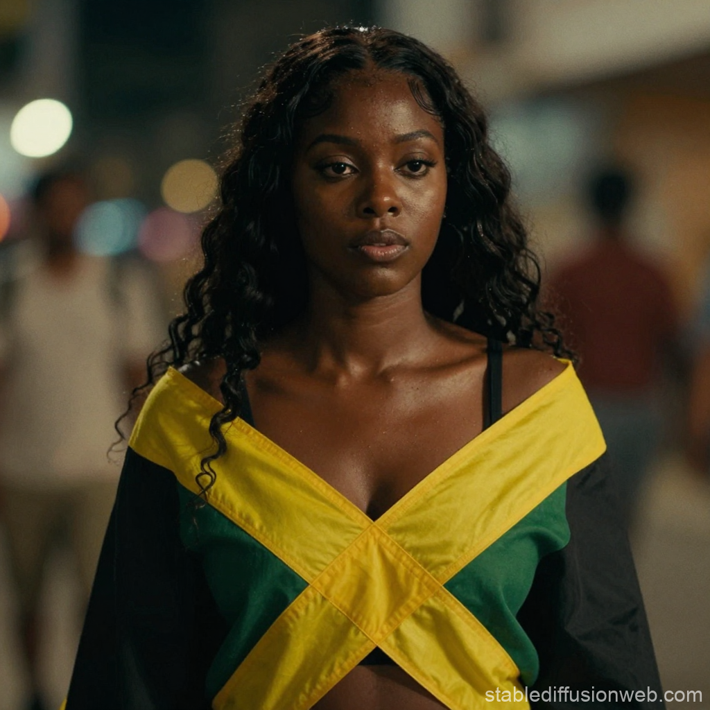 Black Woman Wearing Jamaican Flag Top in Urban Night Setting