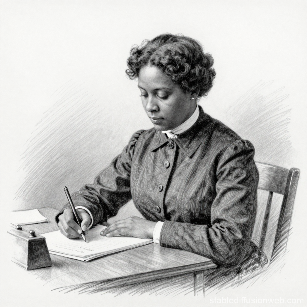 Black Woman Writing in Vintage Style Pencil Drawing