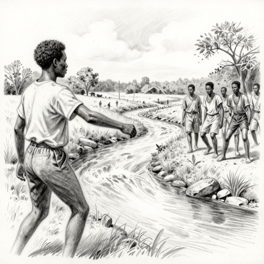 Black Youths Crossing a Stream in a Rural Landscape