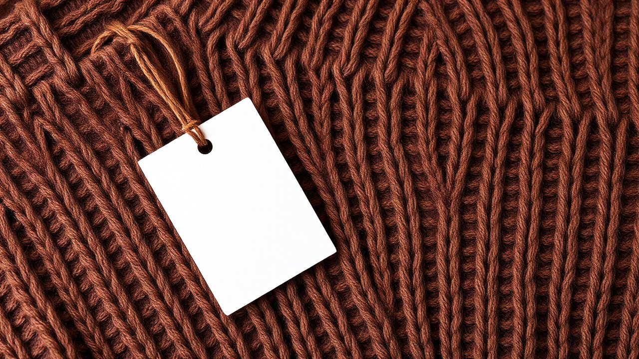 Blank White Paper Tag on Brown Knitted Fabric
