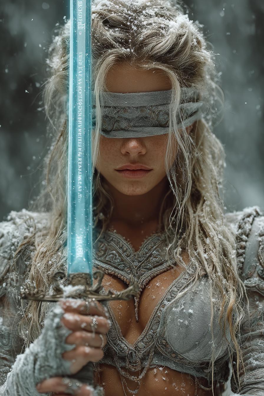 Blindfolded Warrior Woman Holding Glowing Sword in Snow