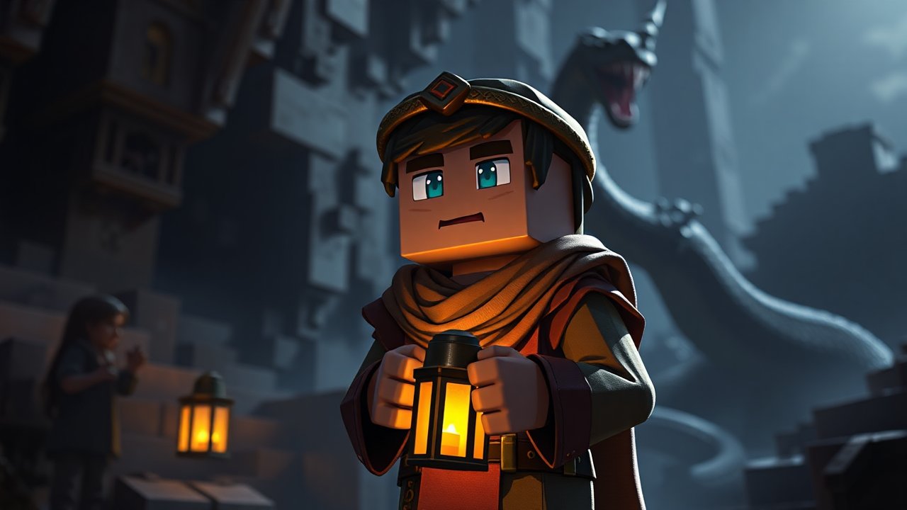 Blocky Adventurer Holding Lantern in Dark Dungeon