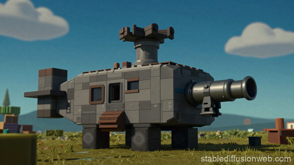 Blocky Steampunk Zeppelin with Cannon in Open Field