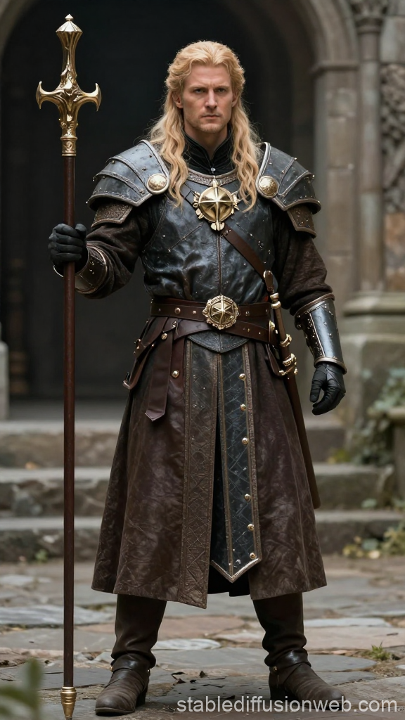 Blond High Elf Knight in Ornate Armor Holding Staff