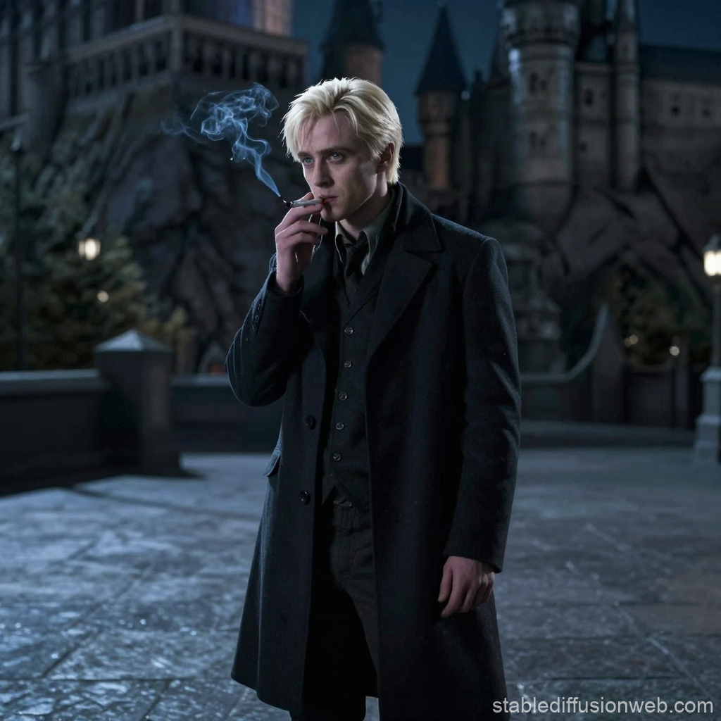 Blond Man Smoking Outside a Castle at Night