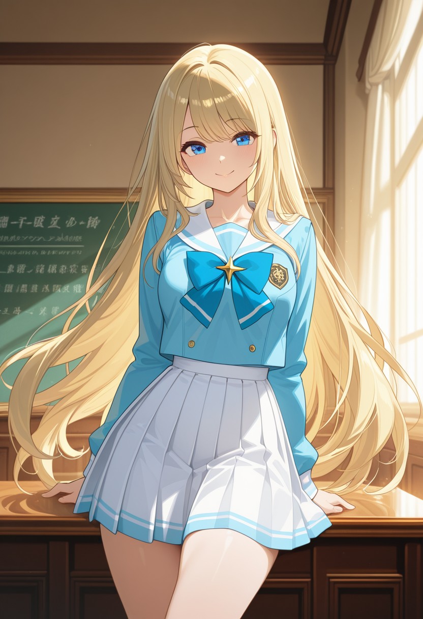 Blonde Anime Girl in School Uniform in Classroom